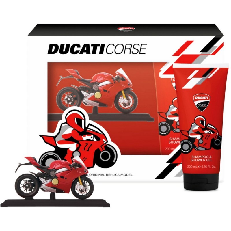 Set regalo DUCATI CORSE - Modellino Burago Panigale V4 e Shampoo & Shower Gel 200 ml